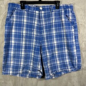 VINTAGE Southpole Plaid Shorts Men's 42 Blue White Casual Flat Front 9" Inseam